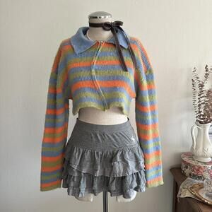 Fuzzy striped asymmetrical cropped sweater